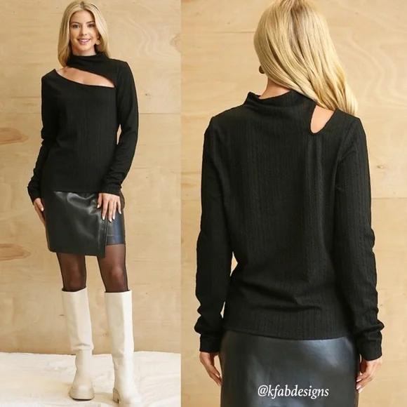 LAST ONE! Black Soft Mock Neck Top with Textured Pattern and Cut Out! - Picture 3 of 5